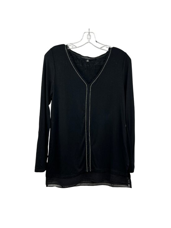 White House Black Market Tops - WHBM Womens Long Sleeve Top Black/Silver V-Neck Mixed Media Size XS
